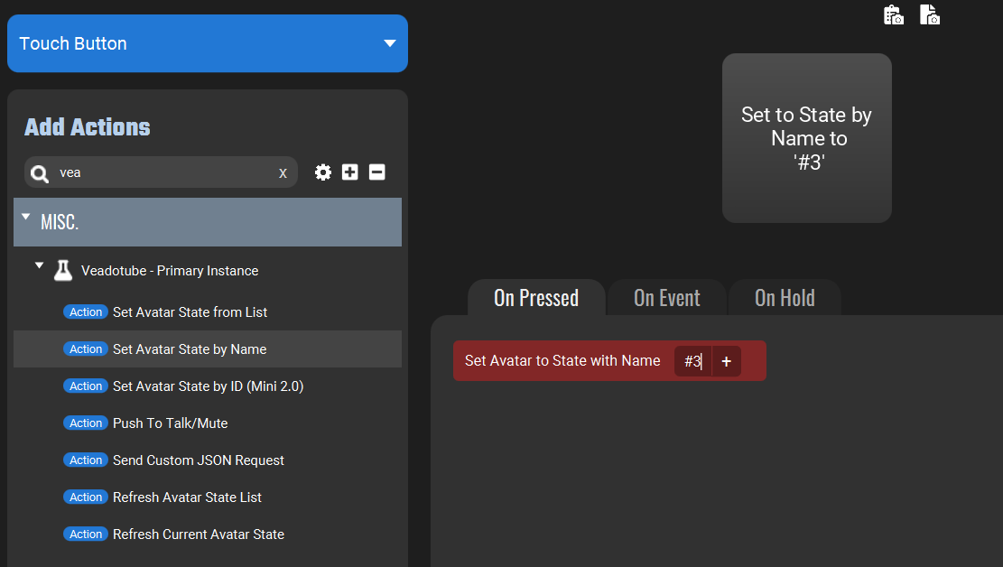 Screenshot of the Touch Portal showing 'Set Avatar to State with Name' and a text box with the name #3
