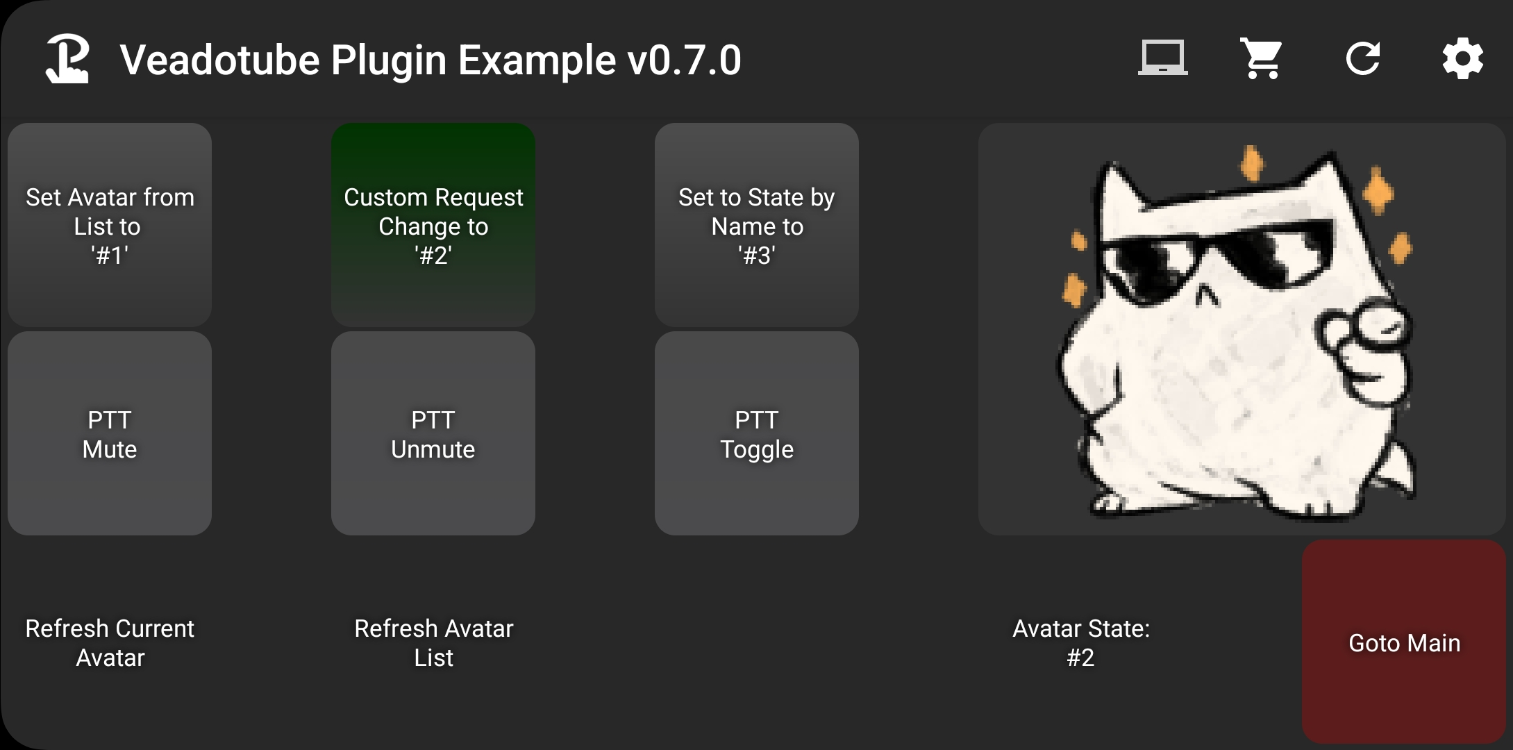 Screenshot of the Example Touch Portal Page on Android with 3 Example Change Buttons. Change to #1 Button is Green-Gray and State #1 showing as an Icon