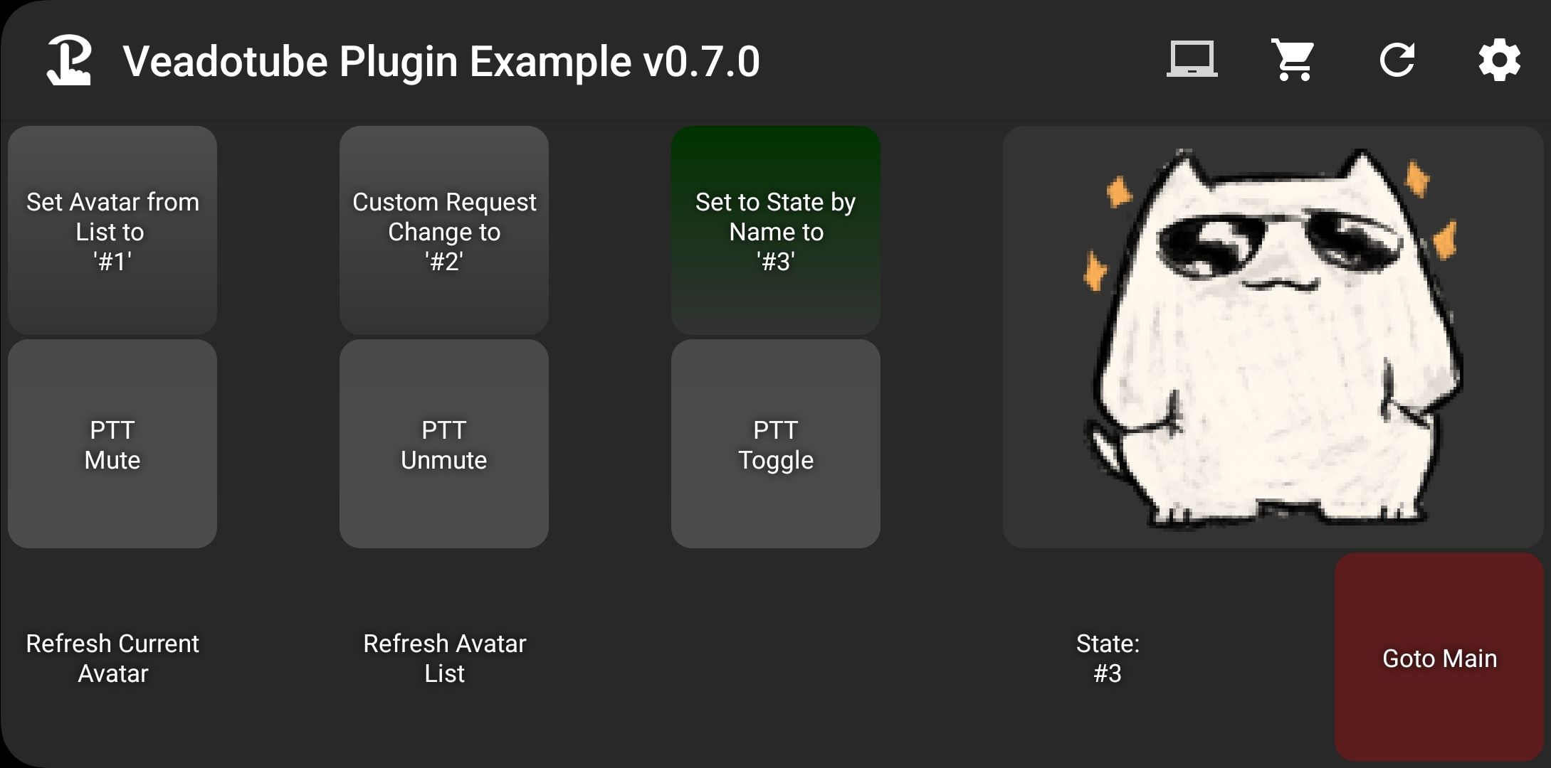 Screenshot of the Example Touch Portal Page on Android with 3 Example Change Buttons. State #3 showing as an Icon