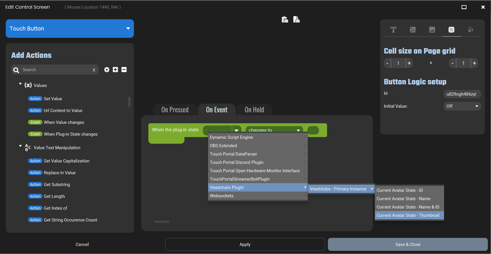 Screenshot of the Touch Portal showing 'When the plugin State' event and the plugin state dropdown open to 'Veadotube Plugin', 'Veadotube Primary Instance' and 'Current Avatar State - Thumbnail' highlighted