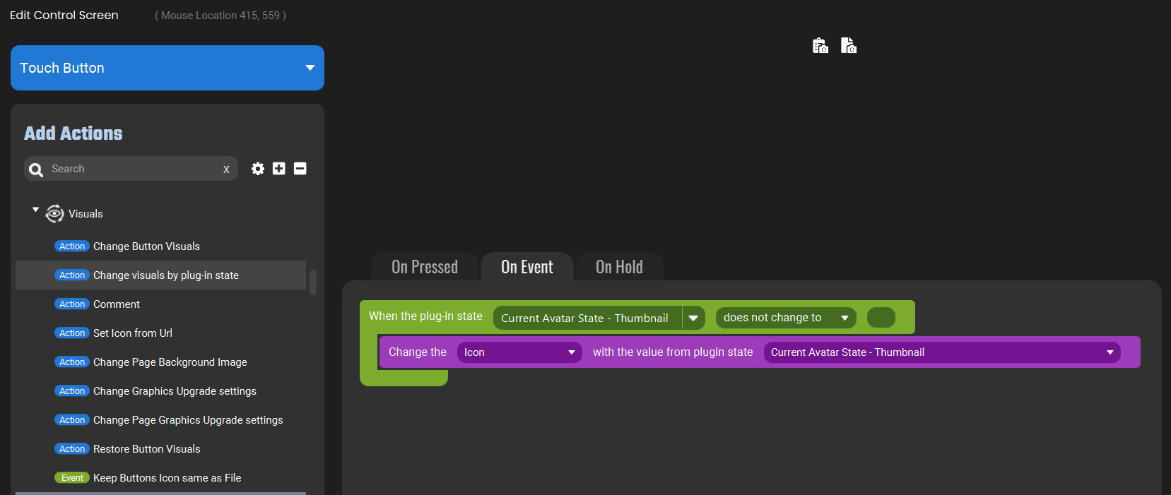 Screenshot of the Touch Portal showing 'When the plugin State' event with Change Visuals by plug-in state action. It is set to change the Icon with the value from "Current Avatar State - Thumbnail"