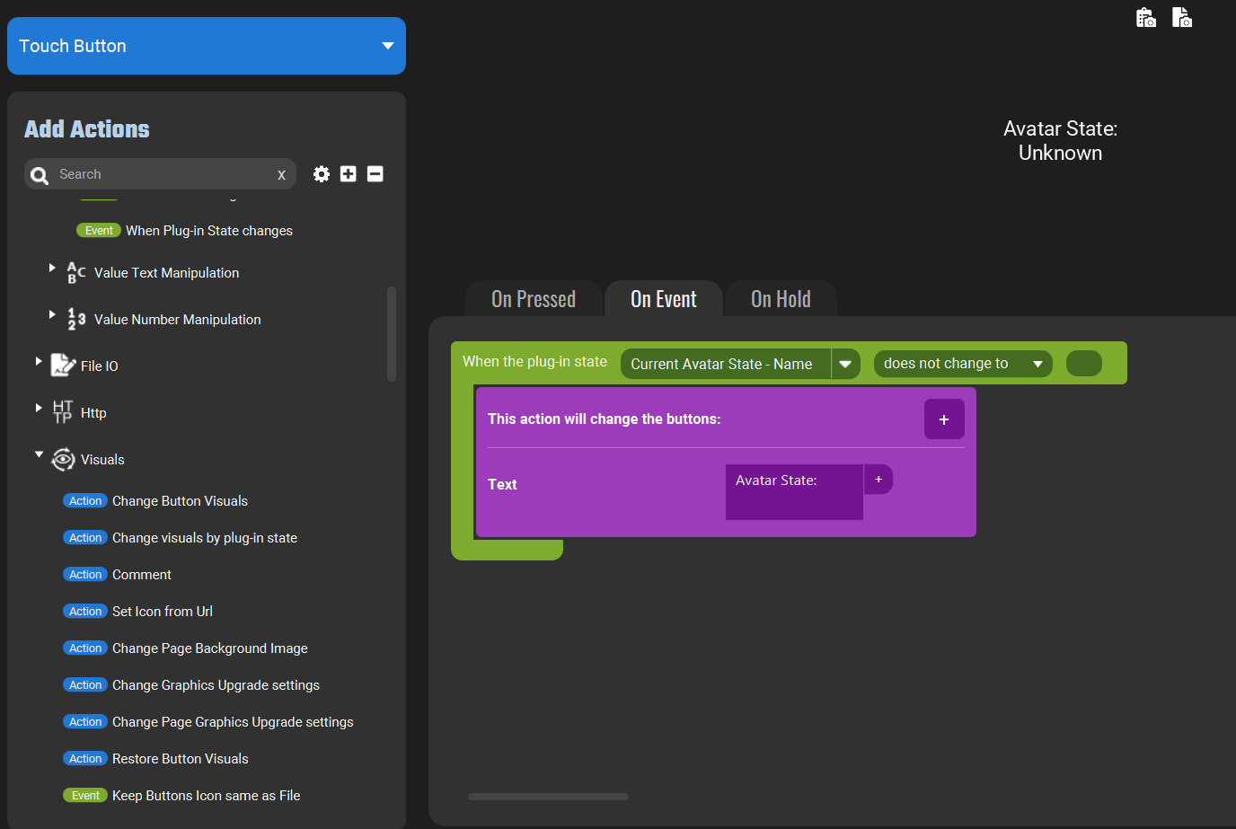 Screenshot of the Touch Portal showing 'When the plugin State' event as 'Current State Avatar - Name' does not change to blank and the Change Button Visuals action set to change Text. The Text Box is empty