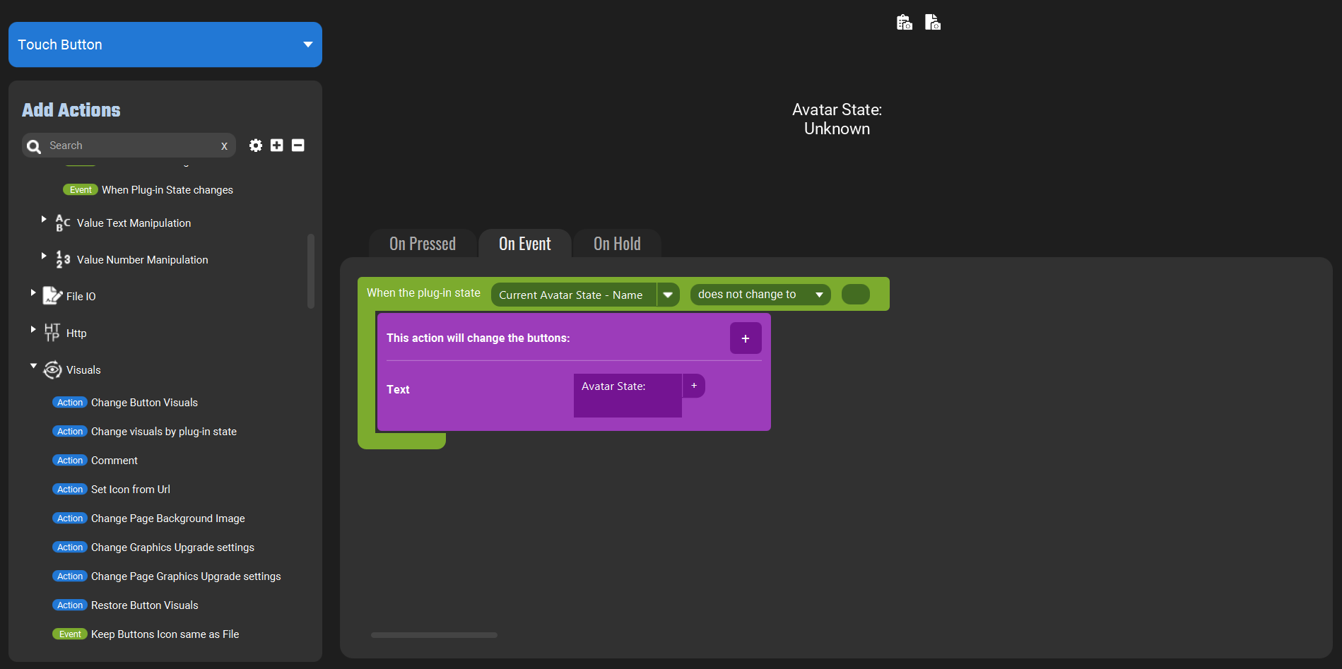 Screenshot of the Touch Portal showing 'When the plugin State' event as 'Current State Avatar - Name' does not change to blank and the Change Button Visuals action set to change Text. The Variable selector is open to Veadotube Plugin, Primary Instance, 'Current Avatar State - Name'