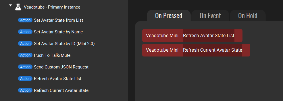 Screenshot of the Touch Portal showing 'Refresh Avatar State List' and 'Refresh Current Avatar State' Actions under On Pressed Actions