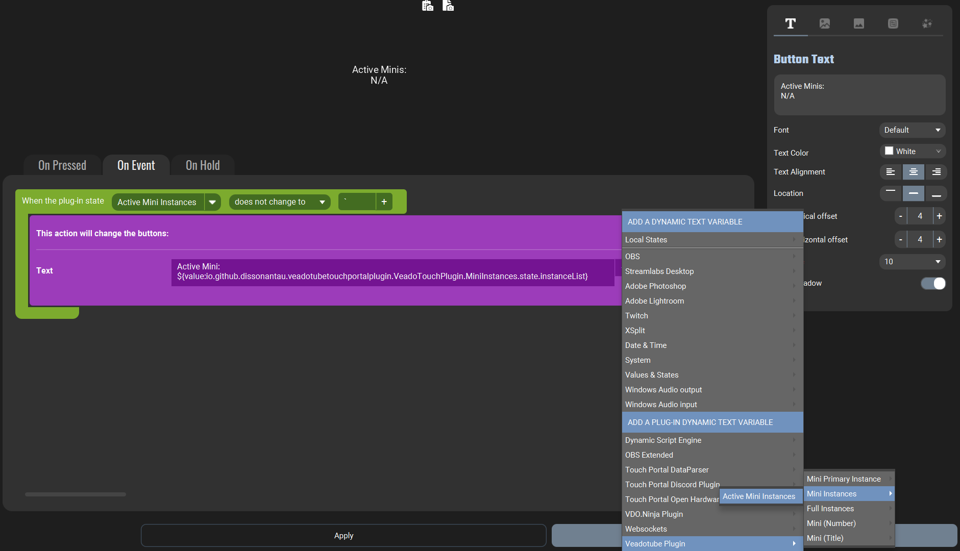 Screenshot of the Touch Portal showing veadotube mini Dynamic Text Variable 'Active Mini Instances'