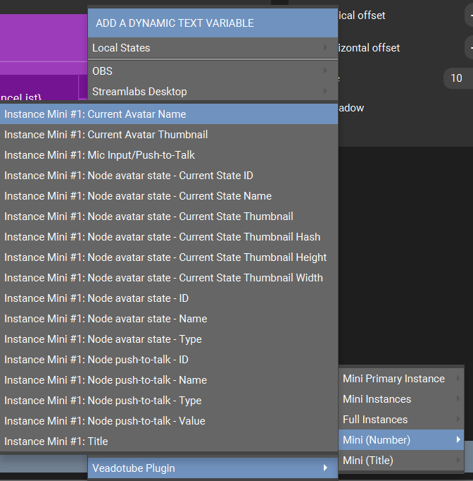 Screenshot of the Touch Portal showing veadotube mini Dynamic Text Variables by Instance Number