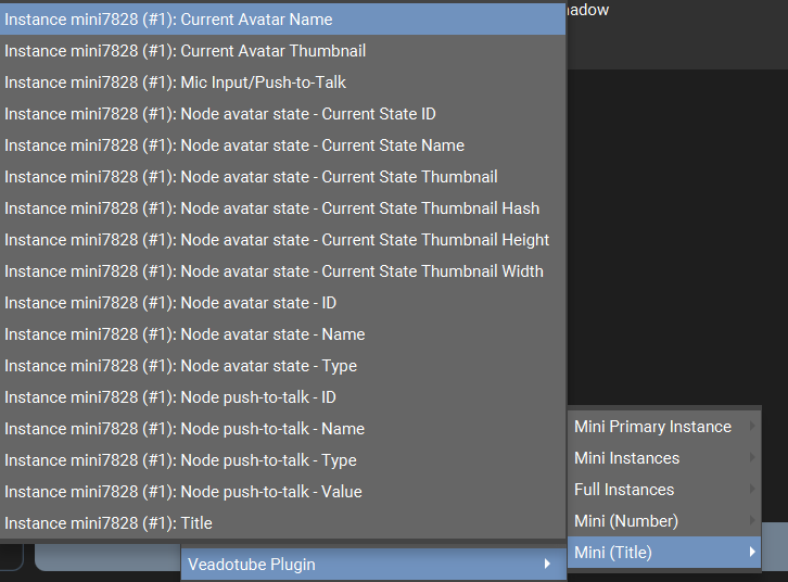 Screenshot of the Touch Portal showing veadotube mini Dynamic Text Variables by Instance Title