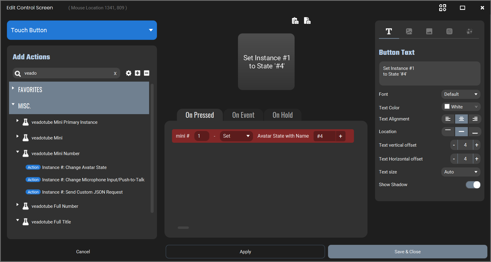 Screenshot of the Touch Portal showing veadotube mini Instance Number Change Avatar State'