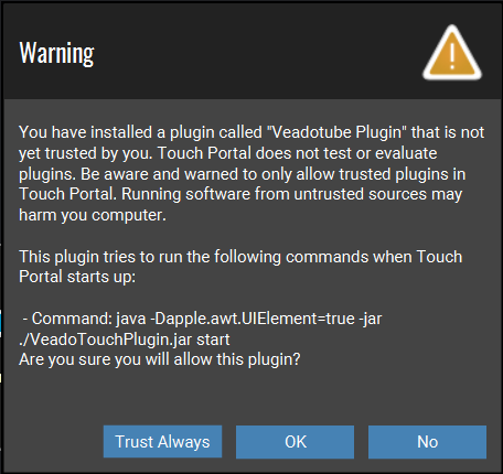 Screenshot of Touch Portal Plugin Warning